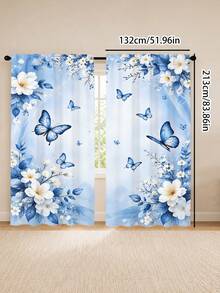 2pcs, Fresh Blue And White Magnolia Butterfly Pattern Printed Curtains, Single-Sided Printing, Semi-Sheer - Rod Pocket Curtains, Bedroom Living Room Kitchen Decoration, Multiple Sizes Available, Privacy Protection, Machine Washable, Fade-Resistant Curtains (Rod Not Included) - A - View 12