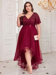 XUCTHHC Plus Size Elegant Party V-Neck Ruffle Sleeve Sequin High-Low Hem Mesh Skirt Formal Ball Gown, Wedding Guest, Cocktail Party, Holiday, Autumn/Winter - Burgundy - View 2