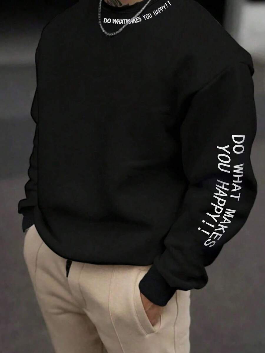 Men's Sweatshirt, Autumn Minimalist English Graphic Crew Neck Sweatshirt, Casual Versatile Everyday Wear - Black - View 1