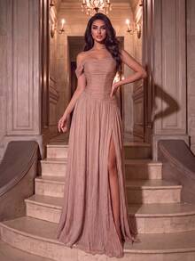 Cold Shoulder Bandeau Waist-Cinching Fitted Corset A-Line Maxi Dress With High Slit Flowy Hem, Flattering Curves, Suitable For Photography - Khaki - View 1