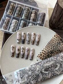 Autumn/Winter Leopard Print Plush Nail Transfer Paper, Multiple Boxed Cross & Five-Pointed Star Stickers, Nail Art Decoration - Multicolor - View 6