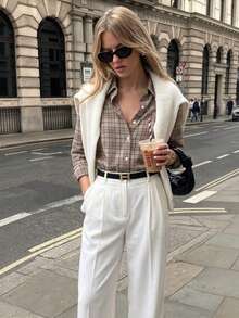 Women's Vintage Plaid Button-Up Shirt, Long Sleeve Polyester Blouse, Fashionable Autumn Outfit - Khaki - View 5