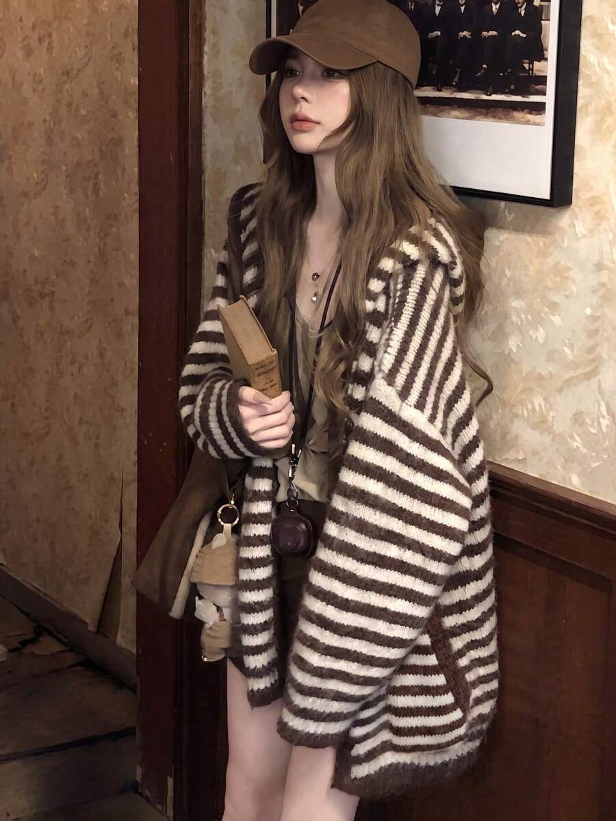 Women's Casual Striped Hooded Mid-Length Knit Cardigan Sweater, Autumn/Winter - Coffee Brown - View 1