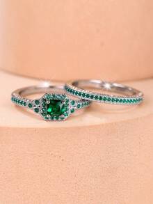 2pcs Set Fashion Elegant Women's Square Zirconia Rhinestone Ring Set, Can Be Used As Unique Jewelry Or Fashion Accessory, Also An Excellent Choice For Women's Birthday Gift Or Daily Accessory - Green - View 11