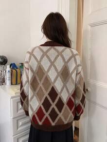 Women's Autumn/Winter V-Neck Diamond Check Single-Breasted Casual Cardigan Jacket - Brown - View 11