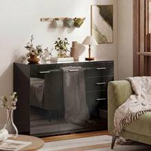 Sideboard, Modern Storage Cabinet With 2 Drawers, 3 And Adjustable Shelves, High Gloss Black - Black + Engineered Wood - View 1