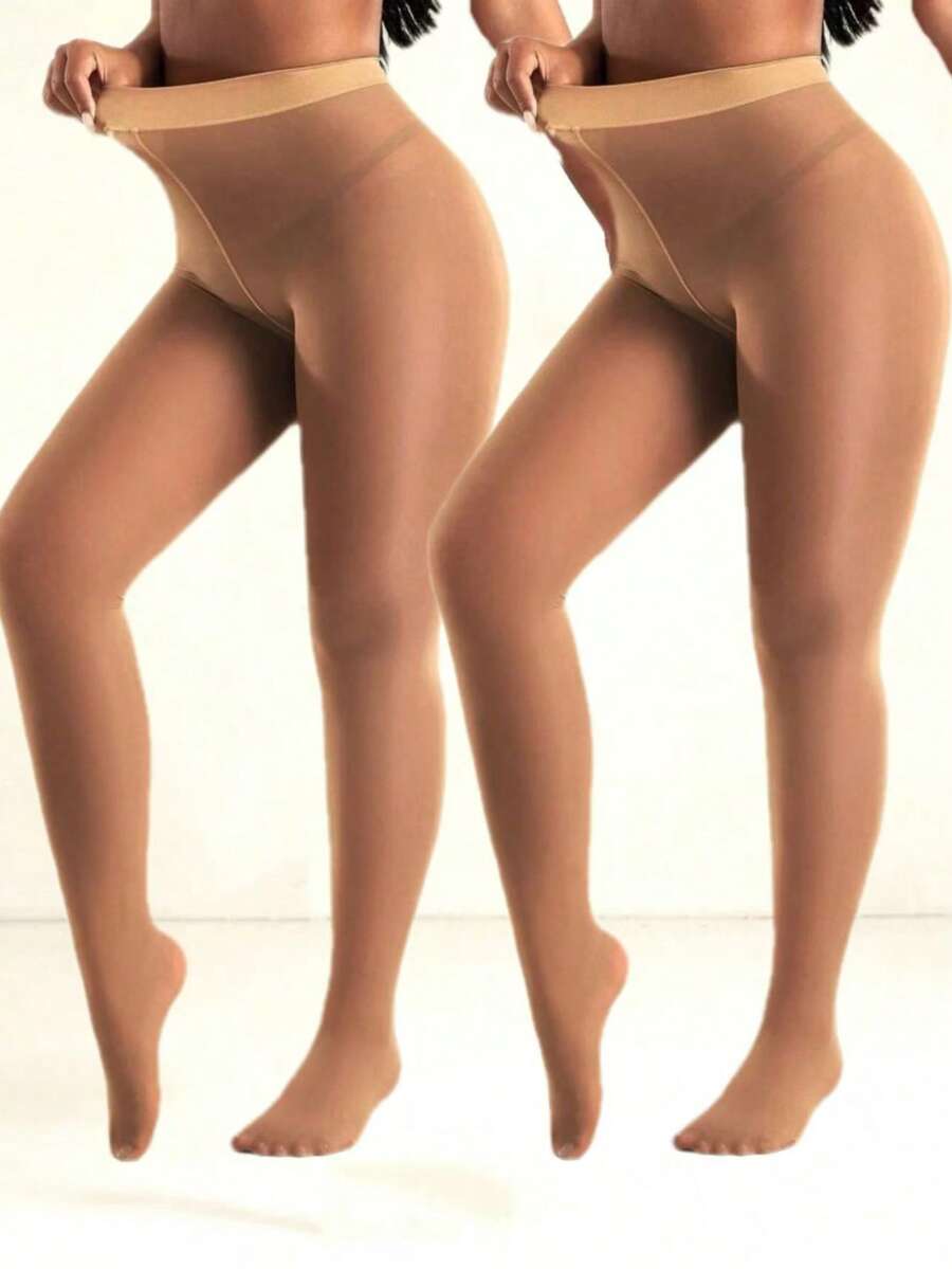 2pcs Plus Size Women's Magic Compression Leggings, Slightly Sheer High Elasticity Anti-Snag Tights, Suitable For Under 300lbs, Christmas And Daily Wear - Apricot - View 1