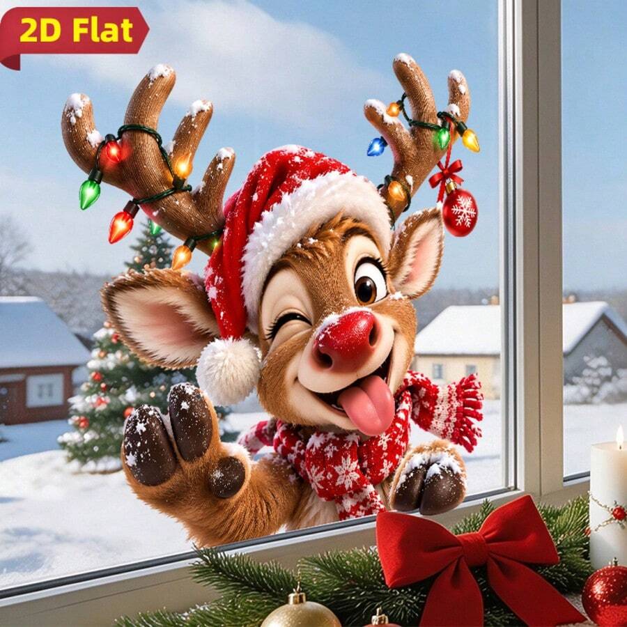 1 buah Stiker Jendela Kaca Rusa Natal Lucu yang Mengedipkan Mata & Menjulurkan Lidah, Stiker Kaca Statis PVC Dua Sisi, Cocok untuk Dekorasi Jendela Rumah & Toko Saat Liburan - MultiWarna - View 1