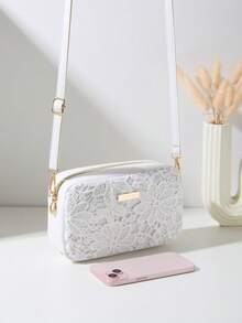 Mini Hollow Floral Woven Beach Bag, Camera Bag, Coin Purse, Shoulder Bag, Women's New Multifunctional Compact Unique Shoulder Bag, Square Bag - White - View 4