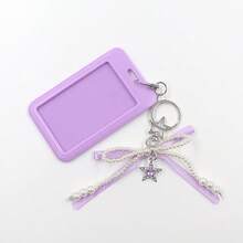 1pc Beaded Faux Pearl Ribbon Bow Star Pendant ID Card Holder Keychain Card Wallet - Multicolor - View 3