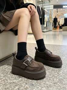 Women's Thick Sole Loafers With Metal Buckle And Hook & Loop Closure Casual Slip-On Shoes - Coffee Brown - View 7