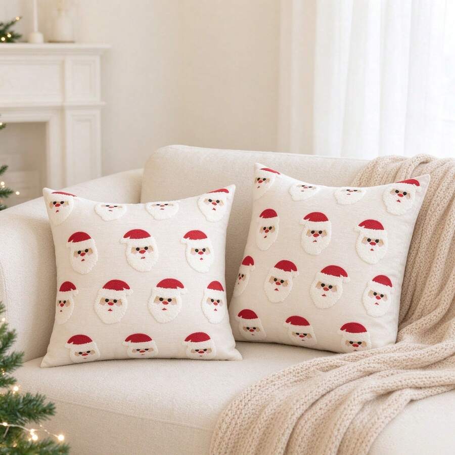 FAUNUS 1pc Santa Claus Embroidery Throw Pillow Cover, Christmas Decorative Cushion Case, Soft Textured Square Pillowcase For Sofa Living Room Home Xmas Decor, No Pillow Insert - Multicolor - View 1