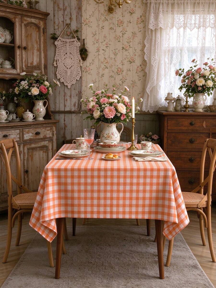 1pc Vintage Pastoral Orange & White Plaid Tablecloth, Simple & Elegant, Suitable For Kitchen, Dining Room, Afternoon Tea, Garden Party, Holiday Gathering - Orange - View 1