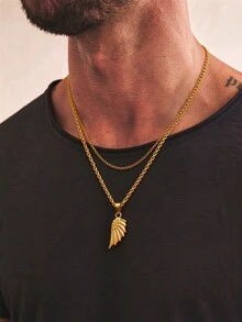 1pc Gold Stainless Steel Wing Feather Pendant Double Layer Stacked Necklace, Men's Light Luxury Versatile Fashion - Gold - View 2