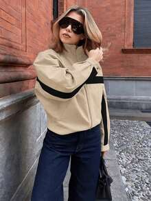 Women's Autumn Zip-Up Colorblock Bomber Jacket, Street Style Casual Sports Outerwear For Halloween - Khaki - View 1