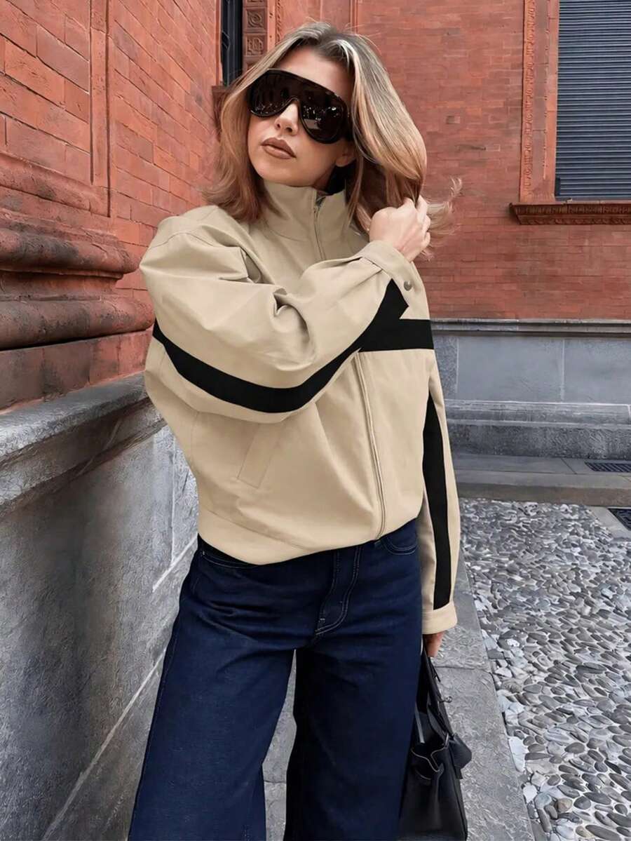 Women's Autumn Zip-Up Colorblock Bomber Jacket, Street Style Casual Sports Outerwear For Halloween - Khaki - View 1