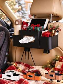 Car Seat Back Storage Bag With Tissue Box, Hanging Headrest Organizer, Multi-Pocket PU Leather Car Rear Seat Storage Rack, Can Hold Tissues, Water Bottles, Phones, Car Interior Accessories - Multicolor - View 2