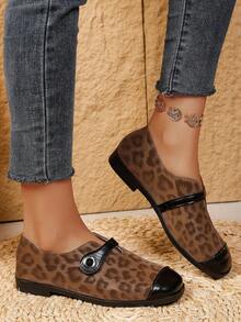Maillard Style Leopard Print Patchwork Square Toe T-Strap Mary Jane Shoes Women Spring Autumn Soft Sole Comfortable Flat Shoes Vintage Vibe Versatile Leather Shoes - Brown - View 7