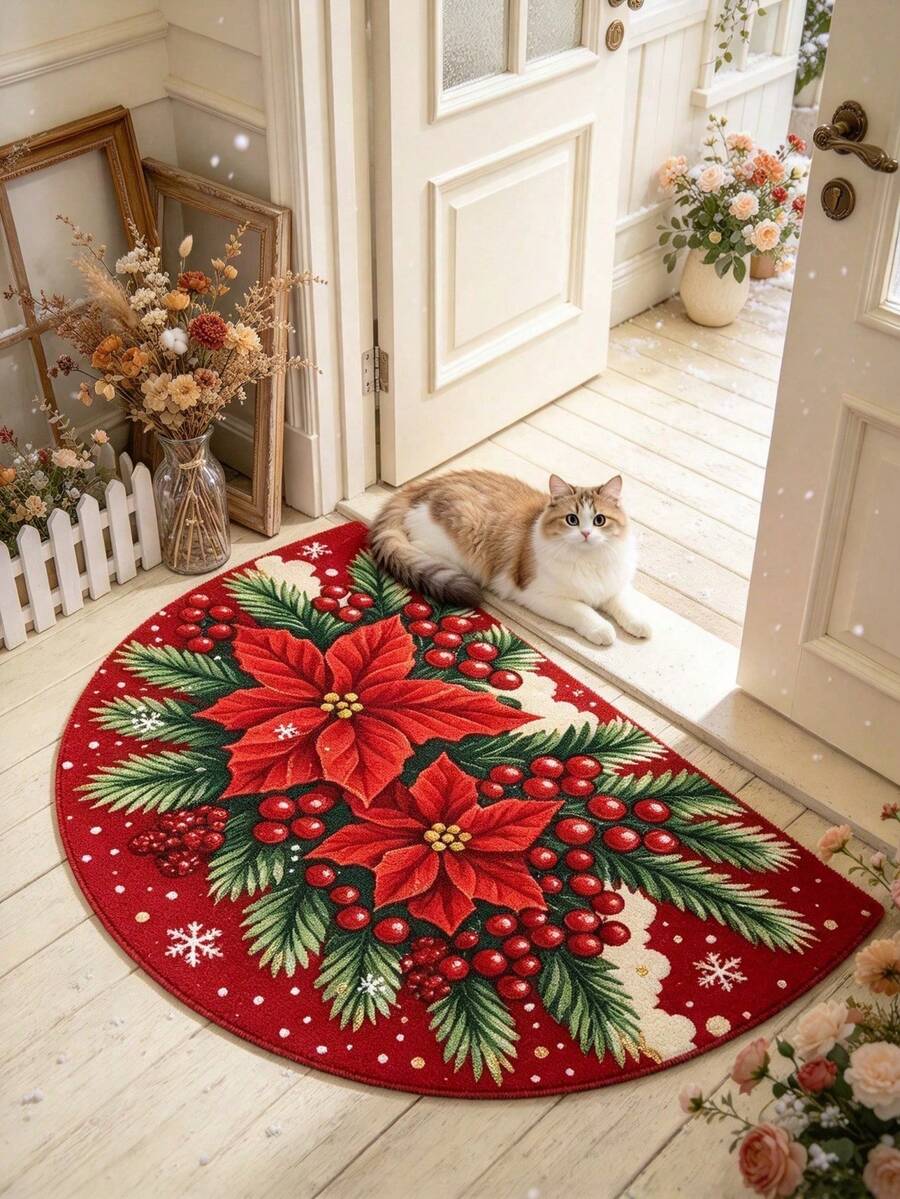 1件裝聖誕一品紅半月形門墊 紅色節日入口墊 雪花莓果松枝裝飾 腳墊 門墊 小地毯 歡迎墊 地毯 地墊 戶外門墊 廚房地毯 家居裝飾 正門墊 區域地毯 戶外墊 區域地毯 花園地毯 可機洗地毯 - 彩色 - 查看 1