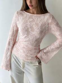 QUNGIGU Women Lace Boat Neck Top Jacquard Bell Sleeve Ruched Waist Blouse Romantic Shirts For Fall Winter Travel Going Out Dating - Pink - View 7