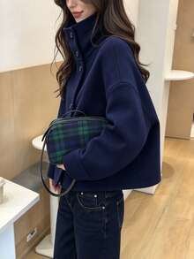 Women's Autumn/Winter Navy Blue Casual Wool Jacket, Stand Collar Button Design Long Sleeve Short Overcoat, Suitable For Commuting, Dating, Daily Wear - Navy Blue - View 4