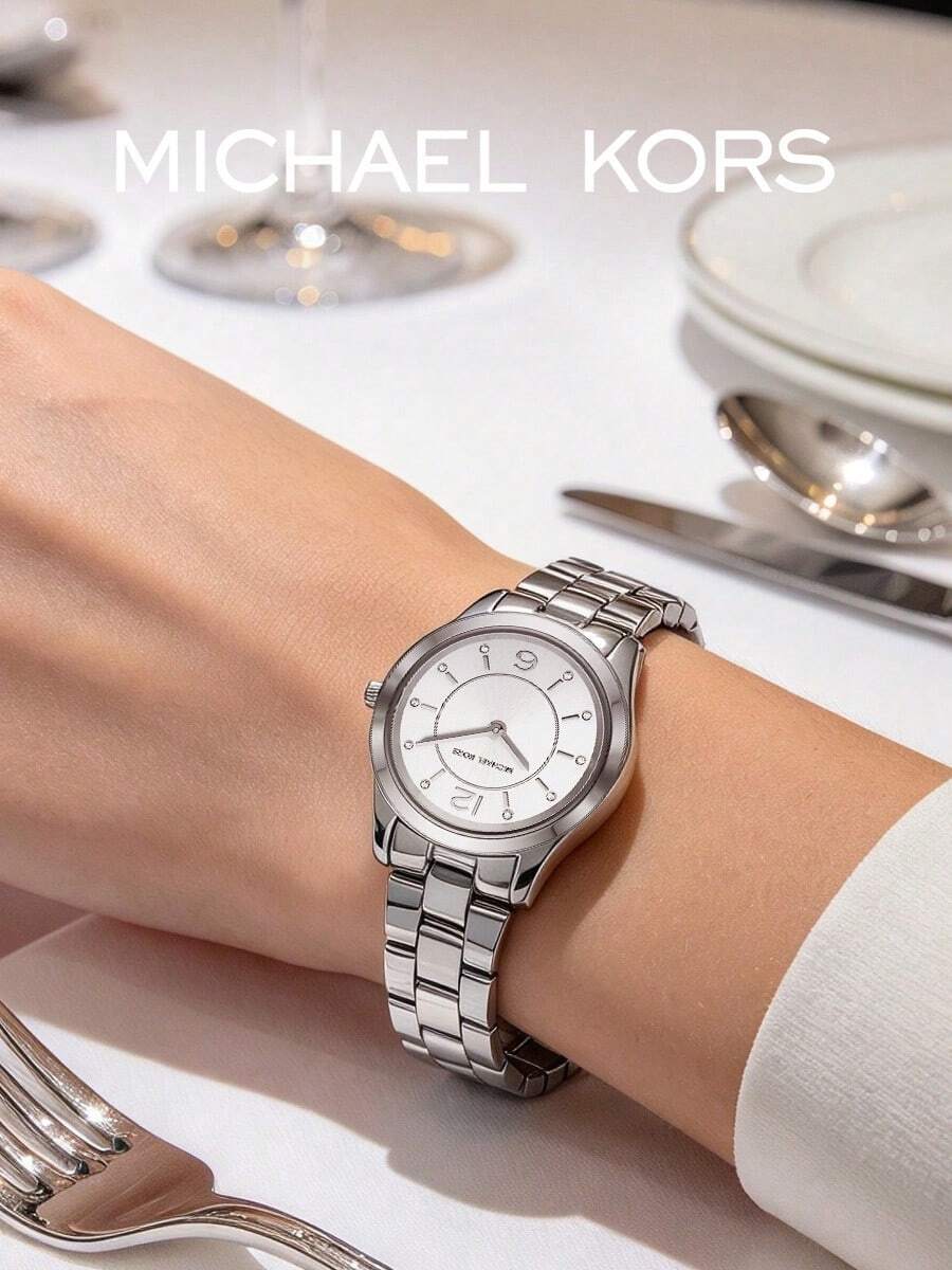 Michael Kors Fashion Women's Watch, Silver Polished Case, Silver-White Brushed Dial, Number & Rhinestone Markers, No Date, Steel Band, Quartz Movement - Watch - View 1
