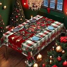 1pc Christmas Tablecloth Red & Green Plaid Holiday Table Decor With Holly And Bows Fiber Tablecloth Suitable For Indoor/Outdoor Christmas Party Home Dinner Office Easy To Clean Holiday Table Decor 2D Flat Design Party Tablecloth Holiday Table Setting Holiday Table Accessories Holly Bow Design Classic Christmas Pattern Holiday Host - A - View 4