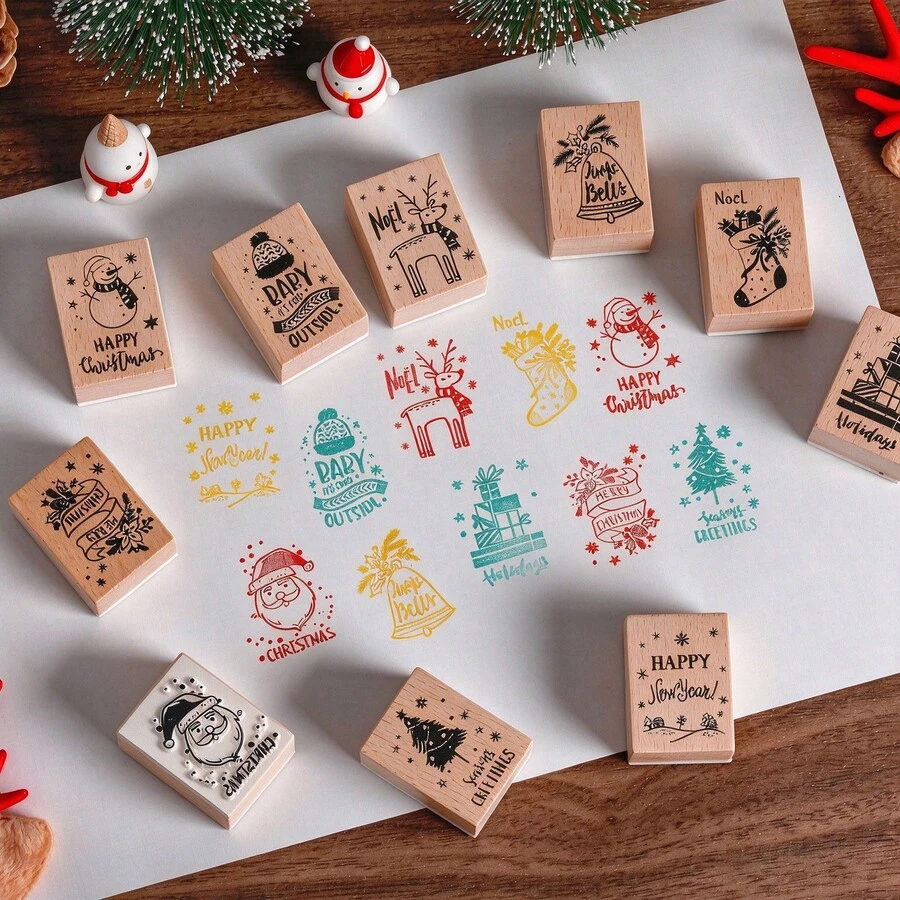 10Pcs Christmas Rubber Stamps, Vintage Xmas Decorative Wood Seal For Journaling, Greeting Card, Scrapbooking, Gift Wrapping DIY Crafts - Sets - View 1