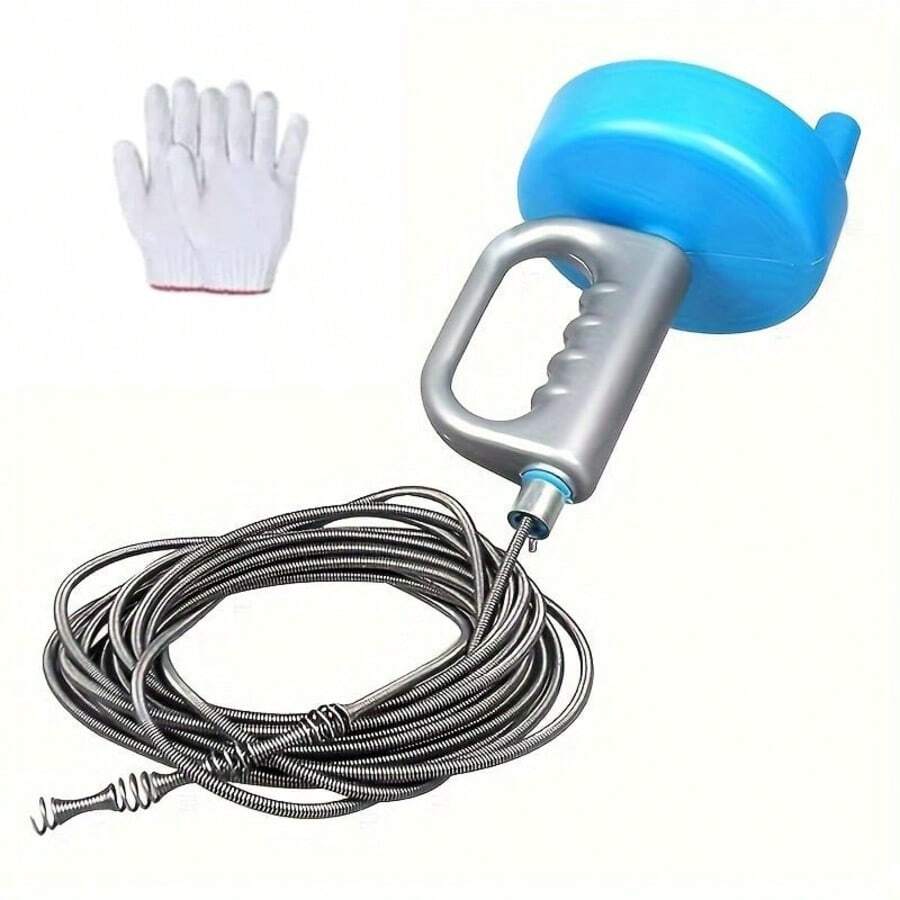 1pc Manual Drain Clog Removal Kit (Includes Gloves), Handheld Kitchen And Bathroom Drain Unclogging Tool, Blue Plunger Design With Metal Hook And Connector, No Battery Required, Drain Maintenance Tool