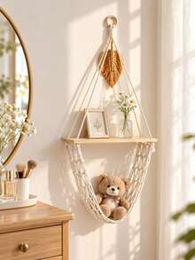 1pc Handmade Woven Hanging Wall Shelf, Bohemian Style With Tassel Leaf Design, Minimalist Beige Double-Layer Floating Wall Storage Rack, Home Decor Wall Hanging Ornament, Suitable For Christmas Wall Decoration, Aromatherapy Candles, Crystal Storage, Bedroom, Living Room Wall Decor, Gift - Multi-color E - View 4