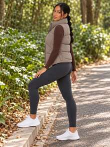 Women's Stand Collar Quilted Puffer Vest With Side Tab Waist Detail Zip Front Sleeveless Casual Layering Jacket - Brown - View 3