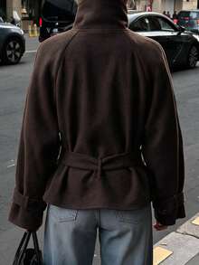 Jaket Wol Campuran Model Pendek Berpotongan Pas Badan dengan Kerah Tinggi dan Kancing Ganda Warna Polos untuk Musim Gugur/Dingin, Mantel Komuter Vintage Inggris - Coffee Brown - View 9