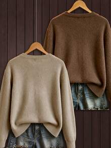 Plus Size Women's Autumn/Winter Social Daily Solid Color Round Neck Long Sleeve Casual Khaki And Brown Knit Sweater 2 Pieces Set, Autumn/Winter Outfit - Khaki and Brown - View 4