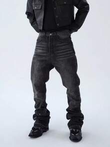 Men's Korean Style Gray Fashion High Street Loose Casual Straight Leg Denim Jeans - Grey - View 3