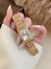 1pc Luxury Gold Square Women's Watch White Dial Rhinestone-Accented Strap Stylish & Sophisticated Perfect For Daily Wear Parties Or Gifting - Gold - View 6