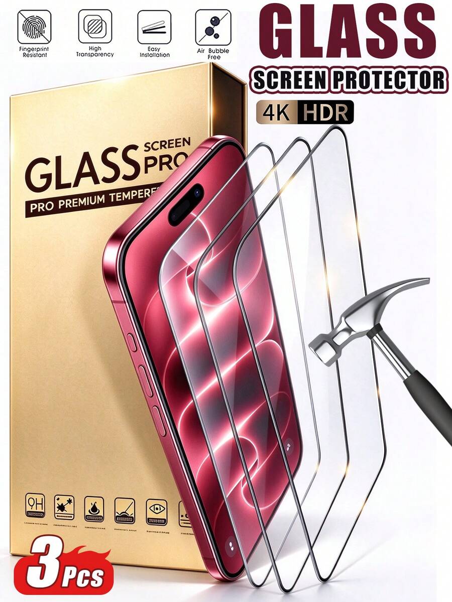 3pcs High Definition Tempered Glass Screen Protector - [Compatible With 2026 Models] 9H High Hardness Durable Glass, Resistant To Damage, For Storage In Backpacks And Pockets, Scratch-Resistant For Frequent Use. Surface Coating Repels Water Stains And Fingerprint Residue. Compatible With IPhone Duo/18 Pro Max/18 Pro//15/14/13/12/11 And Other Series. Phone Accessories, Easy Installation - Clear - View 1