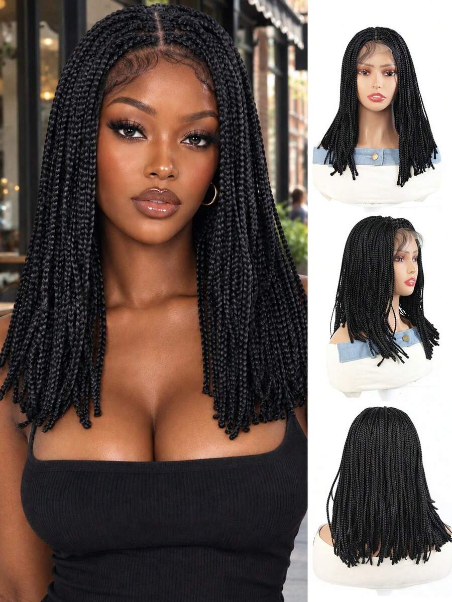 1 Buah Wig Kepang Sintetis Depan Renda Gaya Kepang Kotak 14 Inci untuk Wanita, Wig Bob Pendek dengan Rambut Bayi, Untuk Pemakaian Sehari-hari & Halloween
