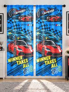 2pcs Racing Car Theme Printed Curtains, Single-Sided Print, Semi-Sheer - Rod Pocket Curtains, Bedroom Living Room Kitchen Decor, Multiple Sizes Available, Privacy Protection, Machine Washable, Fade-Resistant Curtains (Rod Not Included) - A - View 7