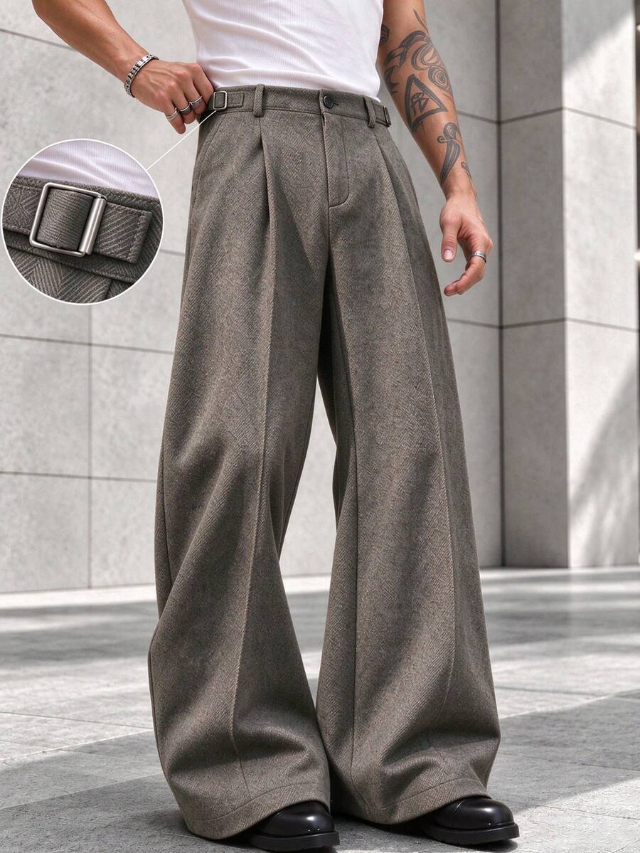 Men's Casual Versatile Commute Solid Color Wide Leg Pants, Autumn/Winter Style, Fashion Brushed Twill Fabric Wide Leg Pants, Minimalist Style Trousers - Coffee Brown - View 1