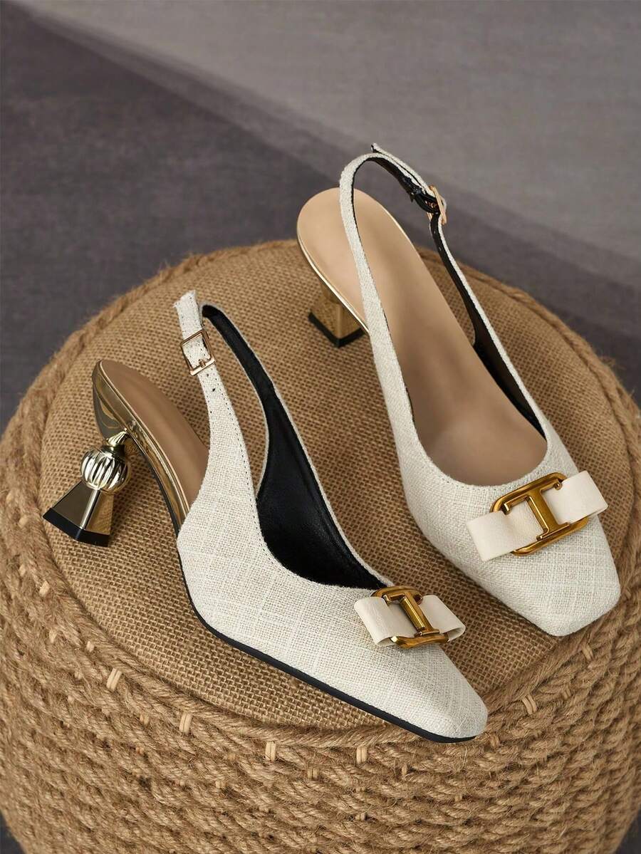 WHDXY Elegant Beige Closed-Toe Sandals With Metal Letter Buckle, Mid-Heel Shoes, Suitable For Commuting, Dating, Daily Wear, Versatile Styling - Beige - View 1