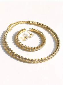 Classic Rhinestone Gold-Plated Jewelry Set, 3-Piece Necklace, Bracelet And Earrings Set, Large Rhinestone Claw Chain Necklace Set, Fashion Accessory - Gold - View 4