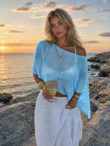 FOR BEAUTY Women's Summer New Knit Top, Casual Style, Blue Solid Color Loose Off-Shoulder Cover-Up, Bohemian Style, Suitable For Beach And Vacation - Blue - View 3
