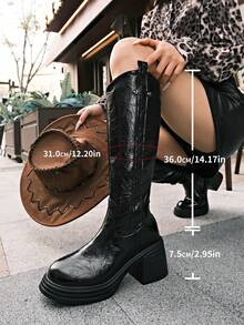 女款厚底增高街頭風靴子，新款秋季騎士高筒靴，中筒靴，棕色復古短靴 - 黑色 - 查看 6