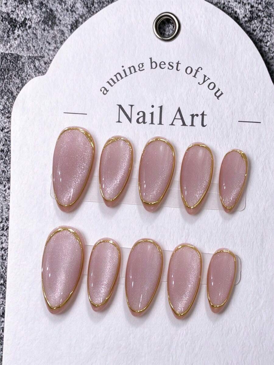 10pcs Handmade Medium Almond Pink Cat Eye Glitter Gold Magic Mirror ...