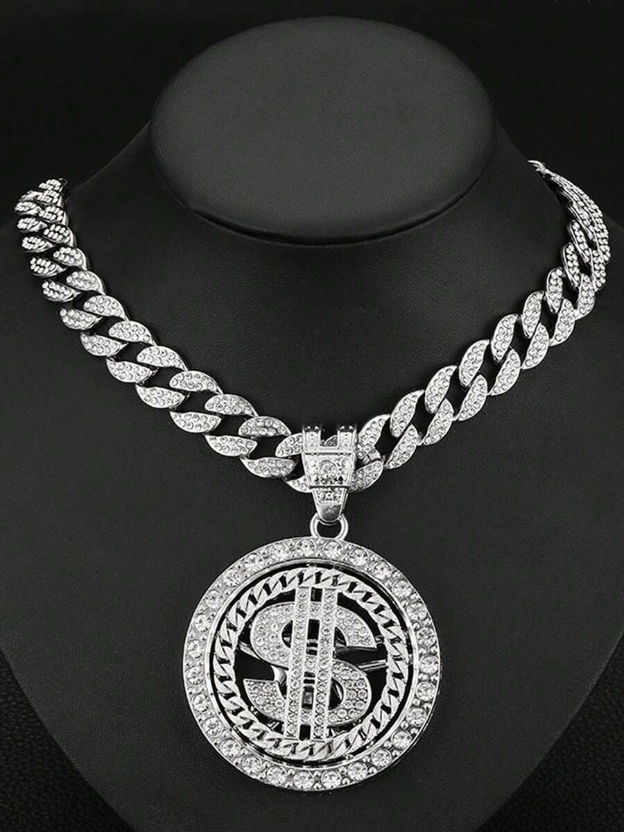 1pc European And American Men's Personalized Fashion Domineering Alloy Diamond Dollar Sign Rotatable Pendant With Cuban Chain, Suitable For Daily Wear By Both Men And Women