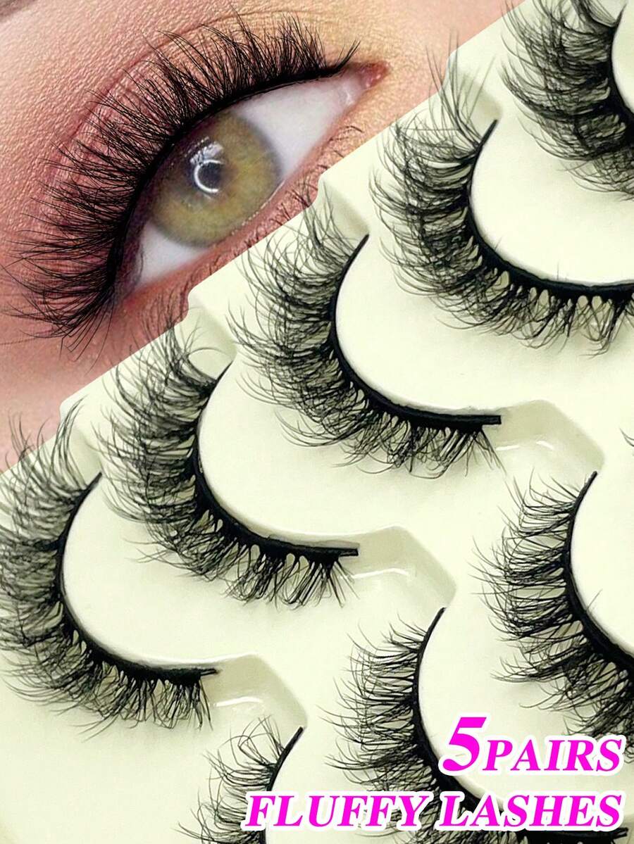 ENCHUW 5 Pairs Natural Lashes Fluffy False Eyelashes Curl Fake Eyelashes With Soft Band Eye Lashes Wispy Lashes 3D Volume Strip Lashes - Black - View 1