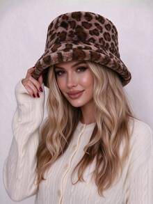 1pc Women's Leopard Print Plush Bucket Hat, Warm And Versatile For Autumn/Winter, Adjustable Crown, Suitable For Daily Wear - Multicolor - View 2
