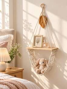 1pc Handmade Woven Hanging Wall Shelf, Bohemian Style With Tassel Leaf Design, Minimalist Beige Double-Layer Floating Wall Storage Rack, Home Decor Wall Hanging Ornament, Suitable For Christmas Wall Decoration, Aromatherapy Candles, Crystal Storage, Bedroom, Living Room Wall Decor, Gift - Multi-color E - View 3