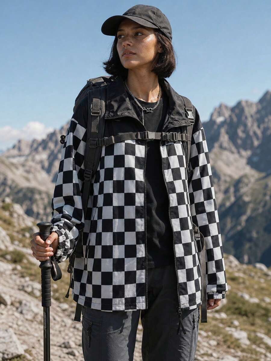 1pc Women's Outdoor Sports Style Retro Checkerboard Print Colorblock Zip-Up Jacket With Elastic Cuffs And Drawstring Hem - Black - View 1