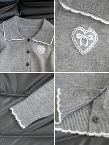 Lazy Soft Women's Contrast Color Lapel Knit Sweater Autumn/Winter Short Cardigan Design Top With Floral Buttons, Bow And Bow Decoration - Grey - View 11